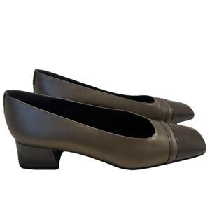 Stuart Weitzman Sz 8 B Bronze Leather Pumps Block Heels Square Toe Formal Shoes